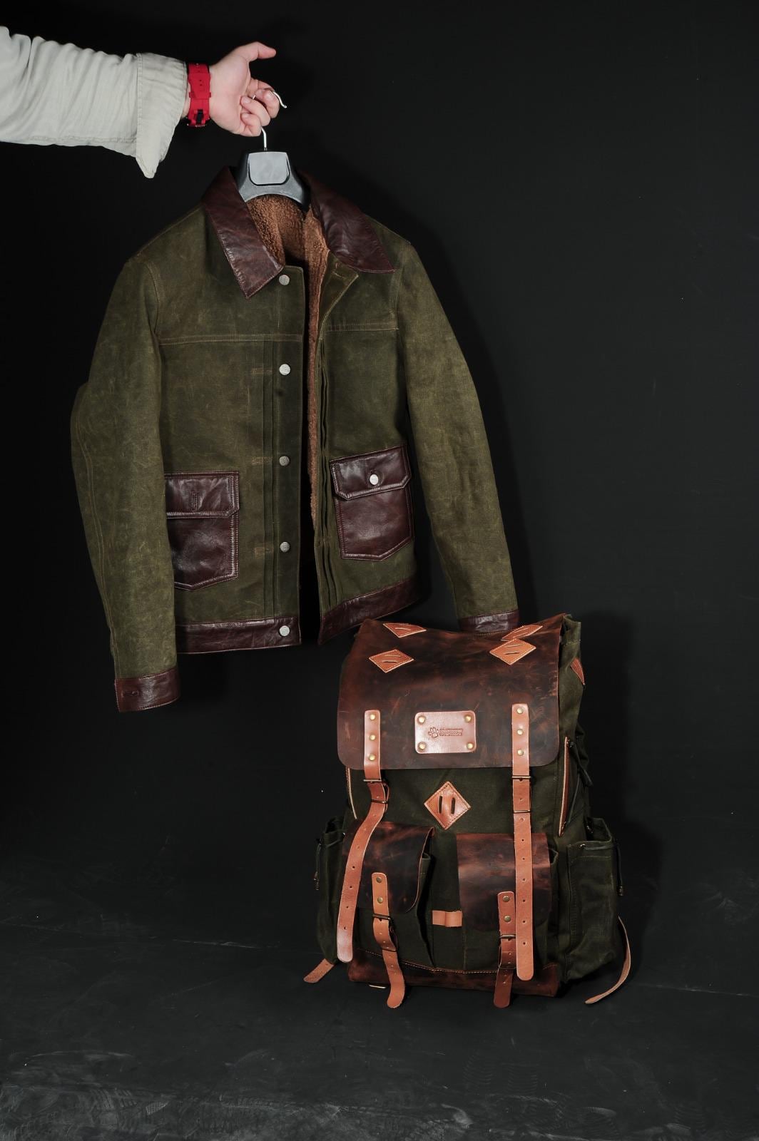 backpack and leather jacket THE MOMENT FRINGE AKIRA Leather Waxed Canvas Jacket and
