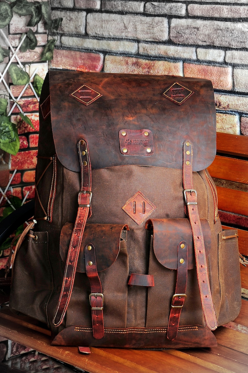 Limited Handmade Waxed Canvas Backpack 50 L Leather Backpack Daily Use Bushcraft, Travel, Camping, Hunting, Fishing, Sports bag image 6