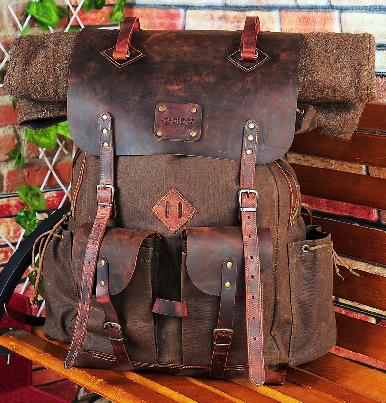 brown handmade backpack, brown camping backpack, brown  bushcraft backpack, brown hiking backpack, brown survival backpack