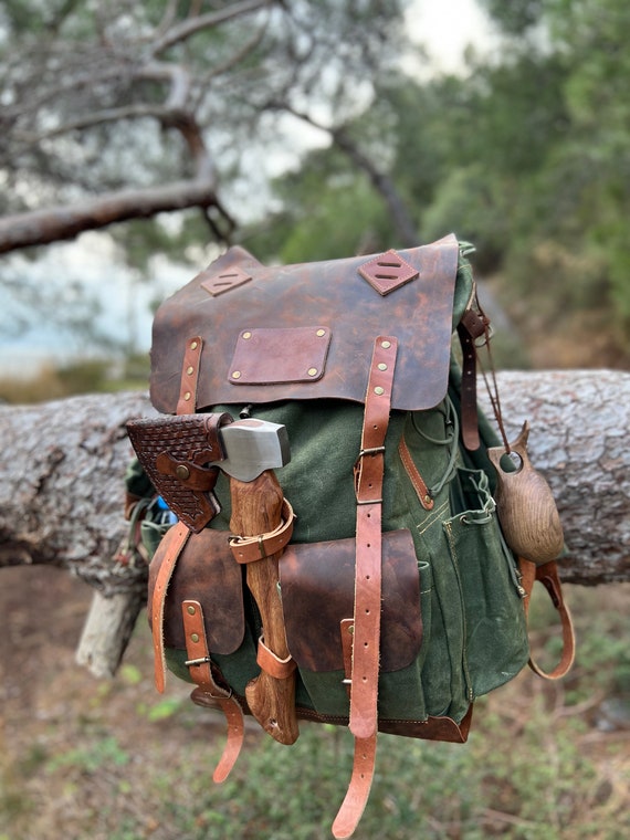 Handmade Bushcraft Backpack Camping Backpack Leather Waxed Canvas Backpack  Camping, Hunting, Bushcraft, Travel Personalization 