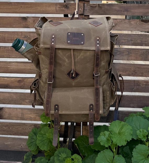 30L to 80L Camping Backpack Leather and Waxed Canvas Backpack