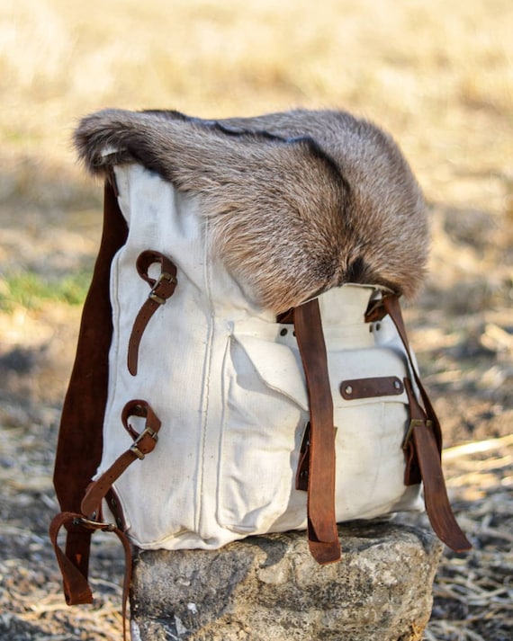 Handmade Genuine White Leather and Waxed Canvas Backpack for  display picture 1