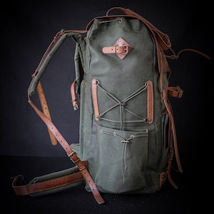 New Model Brown Handmade Wax Canvas and Genuine Leather Backpack for Travel, Camping, Fishing | 50 Liters | Personalization for your request