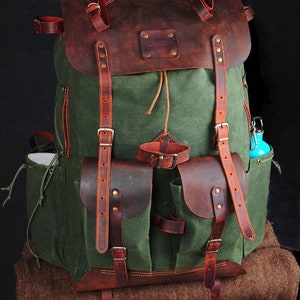 Green Bestseller | Leather Backpack | Waxed Canvas Bag | Travel | Bushcraft | Camping | Green, Brown Options | 50 Liters | Personalization