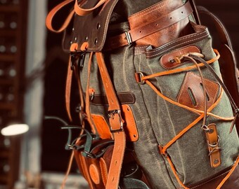 Limited Handmade Waxed Canvas Backpack 50 L Leather Backpack Daily  Use Bushcraft, Travel, Camping, Hunting, Fishing, Sports bag