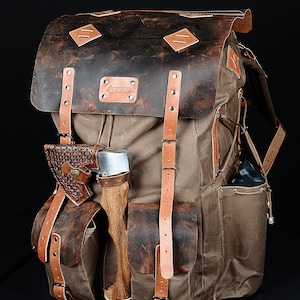 Limited | Bushcraft Backpack | Camping Backpack | Waxed Canvas with Leather Details Backpack for Travel, Camping | 70 L | Personalization