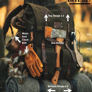 May include: A large, green canvas backpack with brown leather straps and buckles. The backpack has an axe holder, a waist and chest belt, and top and bottom straps. The backpack is sitting on a gray blanket.