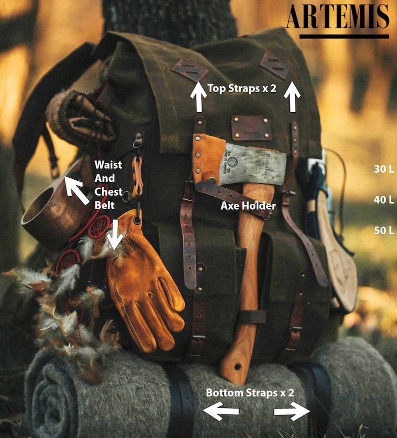 May include: A large, green canvas backpack with brown leather straps and buckles. The backpack has an axe holder, a waist and chest belt, and top and bottom straps. The backpack is sitting on a gray blanket.