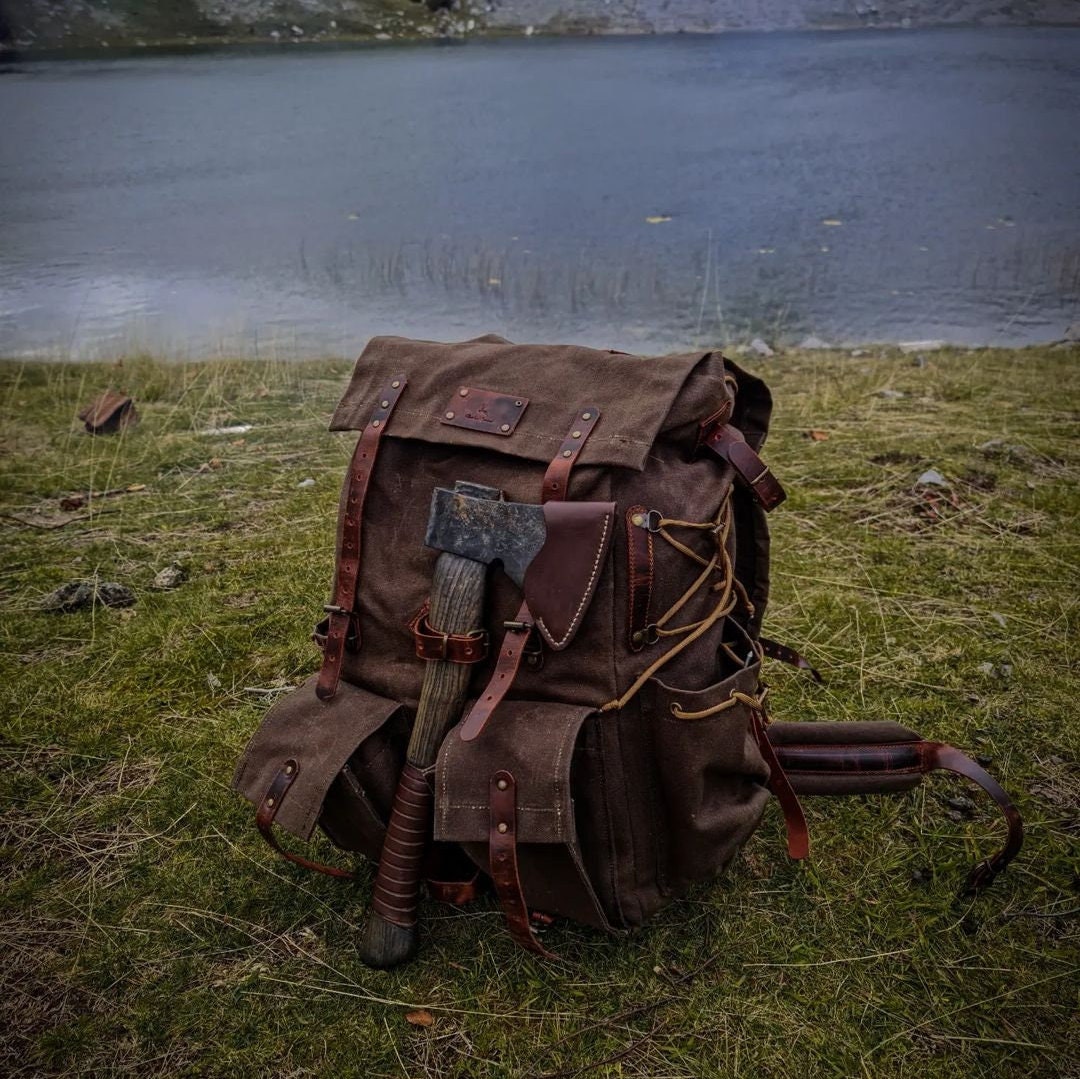 50L 3 Pieces Left Green Brown Dhaki Colours Handmade Leather Waxed Canvas Backpack for Travel Camping Bushcraft Personalization Etsy Ireland