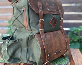 Tan - Brown - Black Colour Options Handmade Leather Green and Canvas Backpack for | Travel | Bushcraft | Camping | 50 L | Personalization
