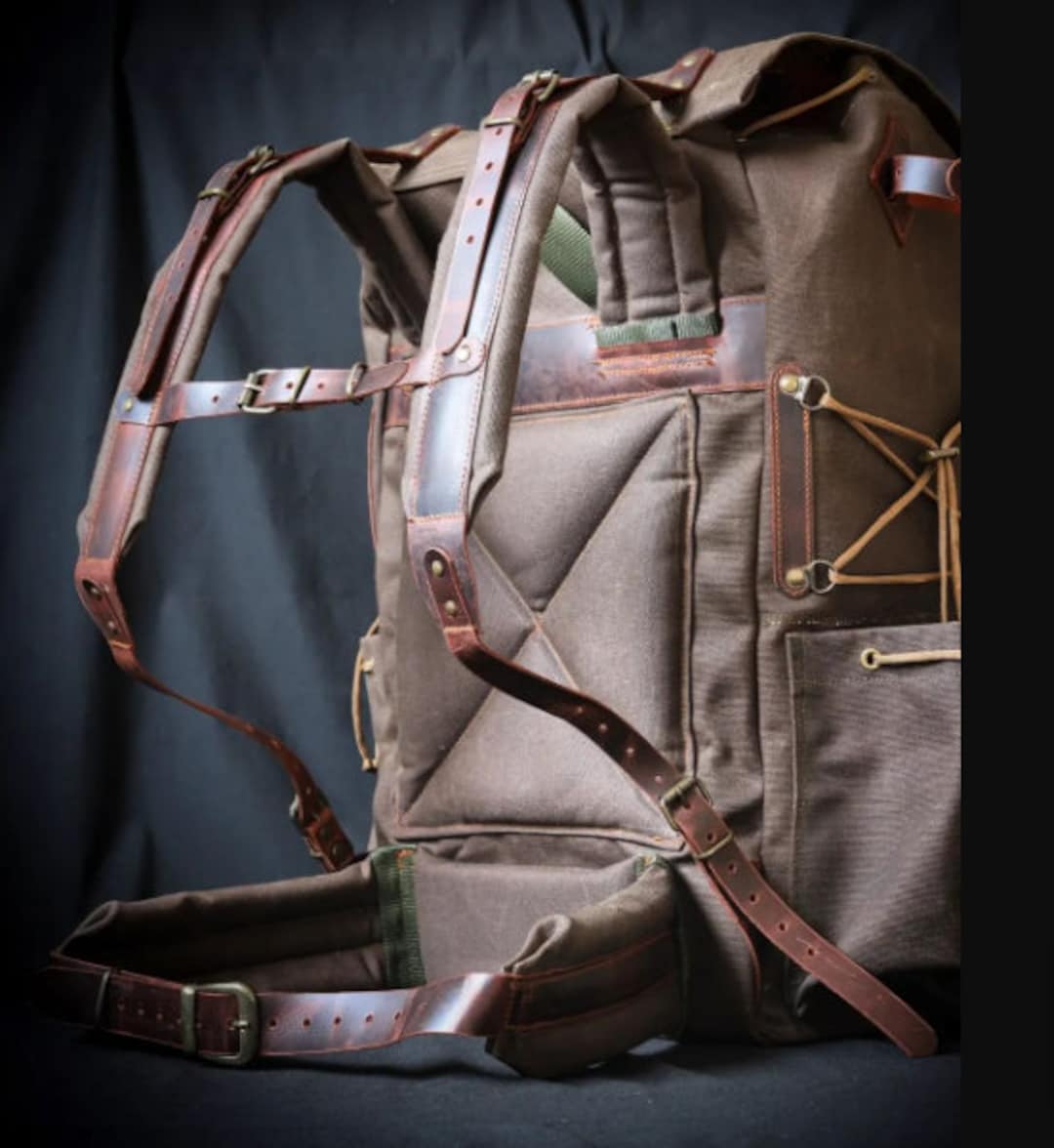 Custom Green Brown Options Waxed Canvas Backpack 50 L Leather Backpack Bushcraft Bag Travel Camping Hunting Fishing Etsy