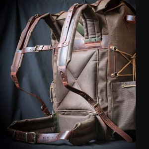 Custom | Green Brown Options | Waxed Canvas Backpack | 50 L | Leather Backpack | Bushcraft Bag  | Travel, Camping, Hunting, Fishing