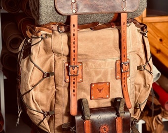 Waxed Canvas and Leather Backpack | 45 L | Handmade Leather, Waxed Backpack for Travel, Camping, Hunting, Hiking | Personalization