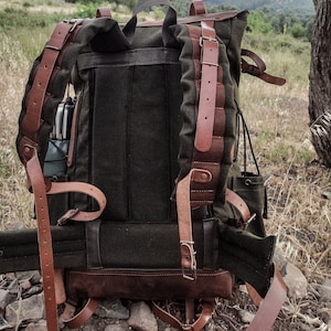 Extra large Buscraft Backpack with 80L to 30L Size Options,  Handmade,  Leather and Waxed Canvas Backpack, unlimited Personalization