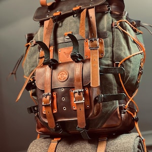 Limited Handmade Waxed Canvas Backpack | 50 L | Leather Backpack | Daily Use | Bushcraft, Travel, Camping, Hunting, Fishing, Sports bag