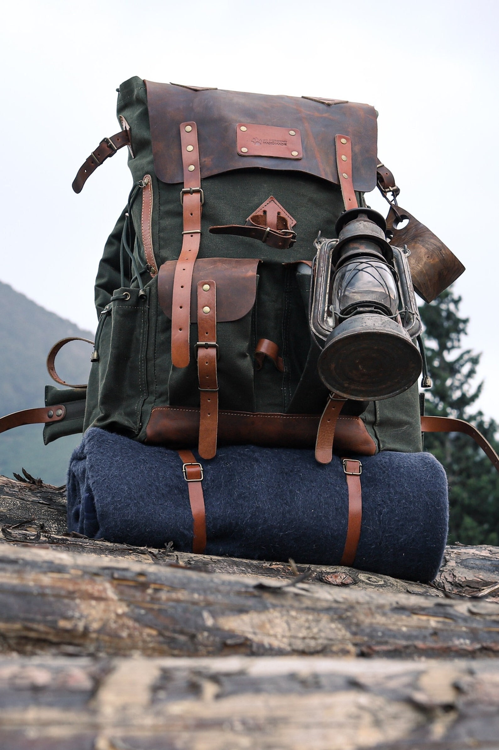 60L | Black-brown-green | Hiking Handmade Waxed Canvas Backpack