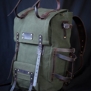 New Green Released Handmade Genuine Green Leather and Waxed Canvas Backpack for Travel, Camping | 40 Liter |   Personalization