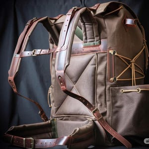 Custom | Green Brown Options | Waxed Canvas Backpack | 50 L | Leather Backpack | Bushcraft Bag  | Travel, Camping, Hunting, Fishing