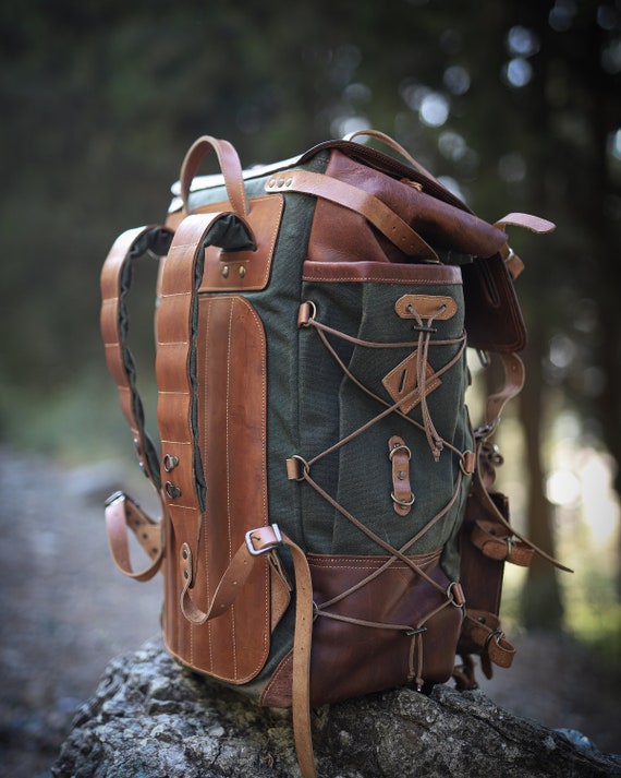 Leather Waxed Cotton Canvas Rucksack Backpack Khaki Green Brown (England)