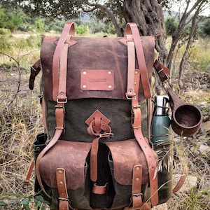 Canvas Leather Backpack for Bushcraft Camping Hiking with Black-Brown-Green options, Bushcraft Backpack, Camping Backpack, Hiking backpack