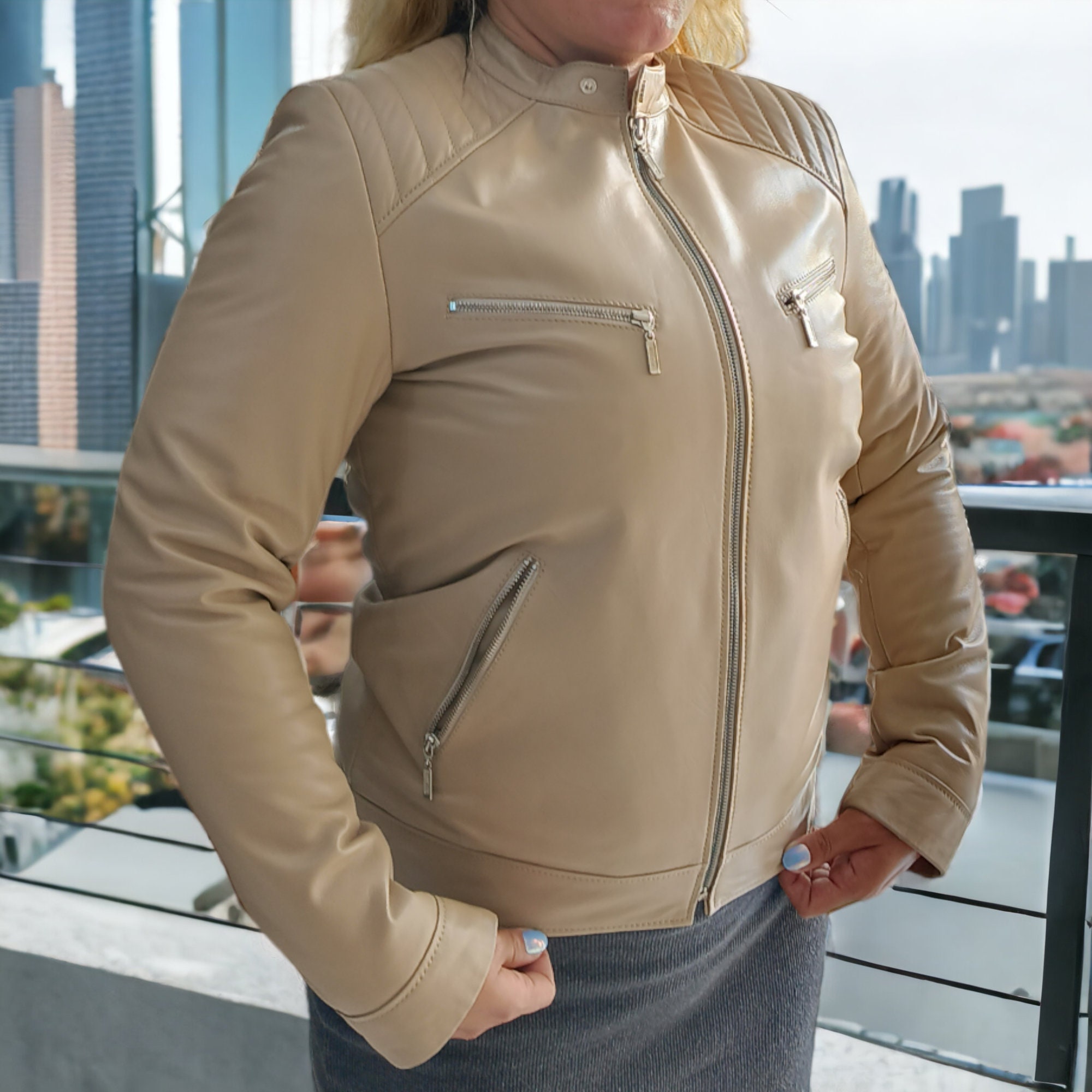 Cream colour leather outlet jacket