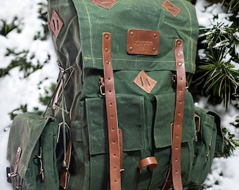 Handmade Waxed Canvas Leather Backpack | Detachable Pouches | 50 L
