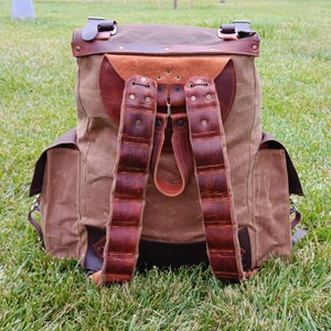 Zaino Bushcraft - Zaino da campeggio in pelle e tela cerata per borsa da viaggio, borsa da campeggio, borsa militare / 40 litri / personalizzazione