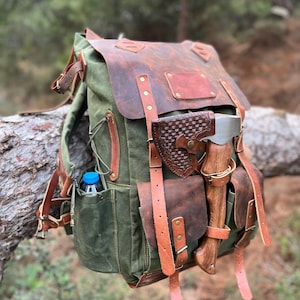 50L | Black-Brown-Green | Bushcraft Handmade Waxed Canvas Backpack | Daily Use | Bushcraft, Travel, Camping, Hunting, Sports bag