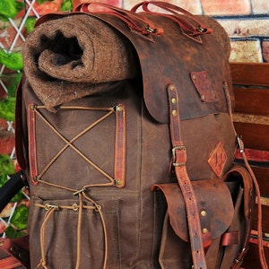 Limited Handmade Waxed Canvas Backpack 50 L Leather Backpack Daily Use Bushcraft, Travel, Camping, Hunting, Fishing, Sports bag image 8