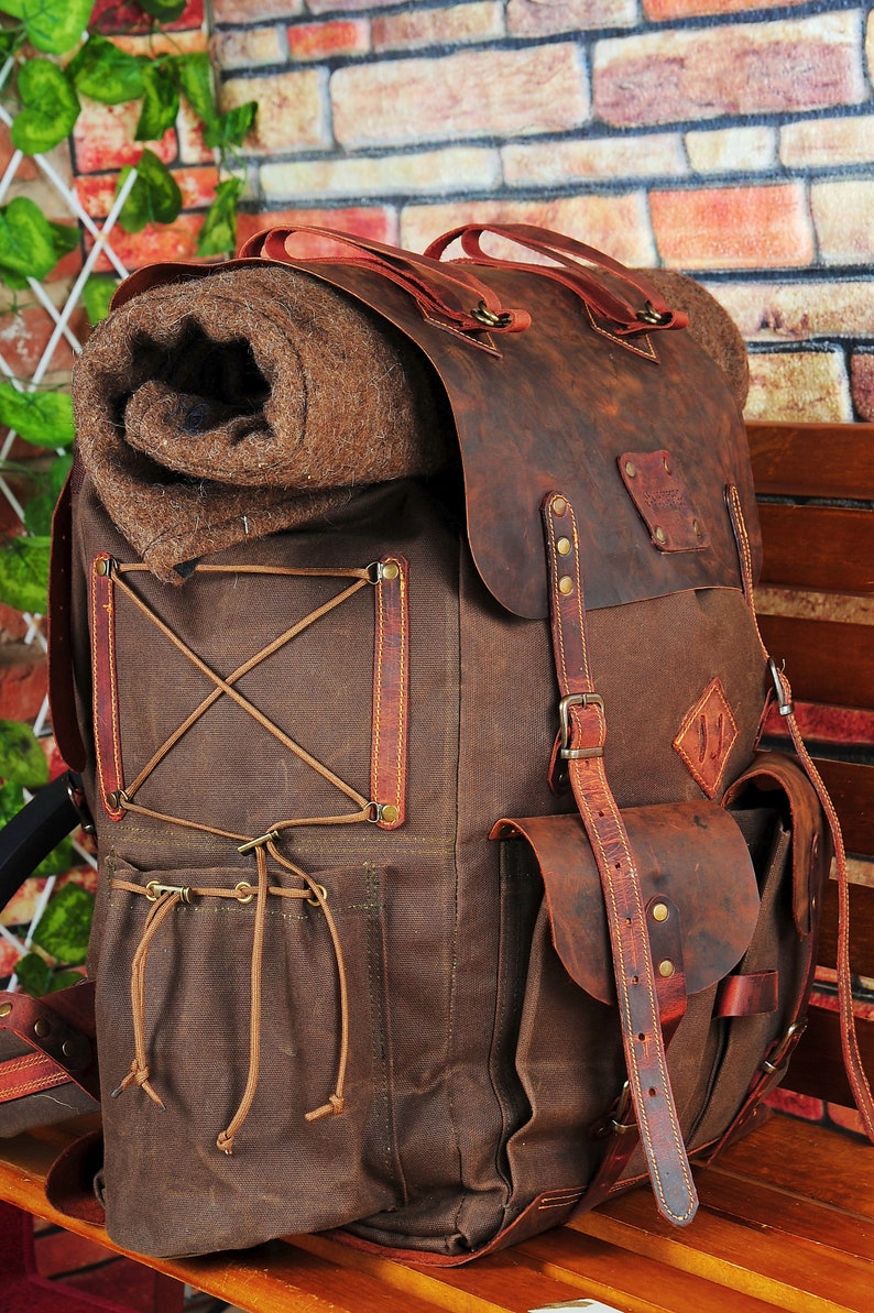 Limited Handmade Waxed Canvas Backpack 50 L Leather Backpack Daily Use Bushcraft, Travel, Camping, Hunting, Fishing, Sports bag image 8