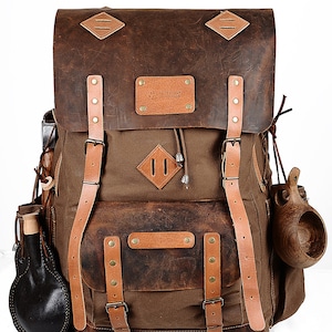 New Brown Handmade Wax Canvas and Genuine Leather Backpack for Travel, Camping, Fishing | 50 Liters | Personalization for your request