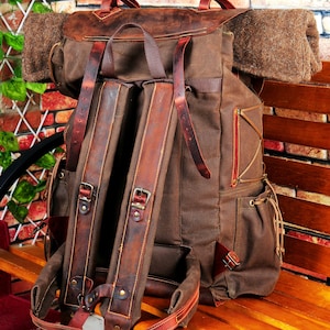 Limited Handmade Waxed Canvas Backpack 50 L Leather Backpack Daily Use Bushcraft, Travel, Camping, Hunting, Fishing, Sports bag image 9