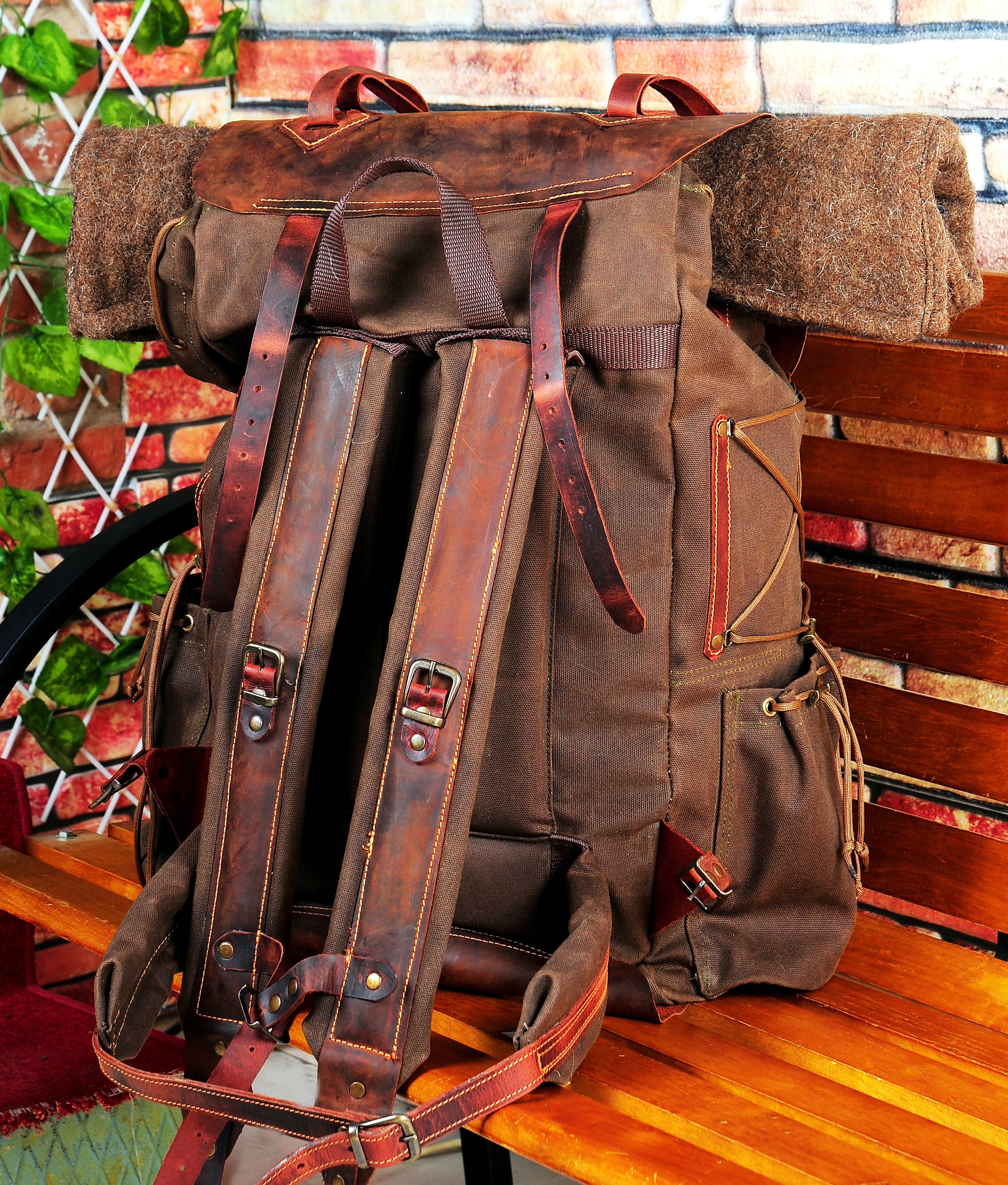 60L | Black-brown-green | Hiking Handmade Waxed Canvas Backpack