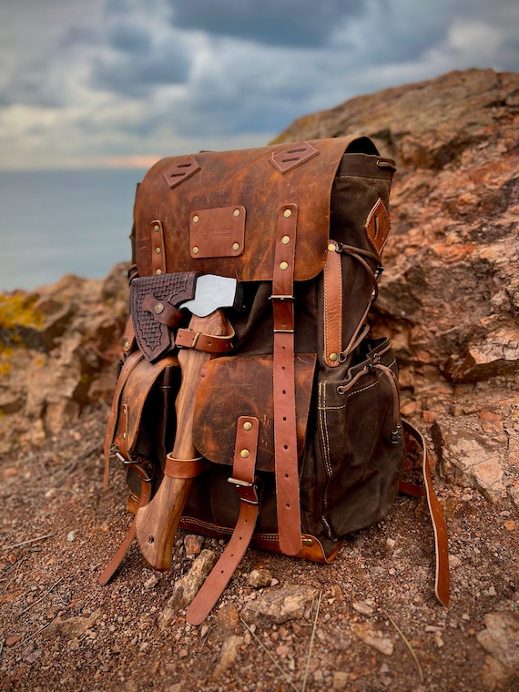 50L Camping Backpack Bushcraft Backpack Brown Green Handmade Leather Canvas Rucksack Camping Bushcraft Personalization Etsy Mexico