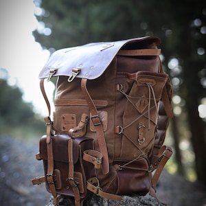 Handmade Hiking Camping Backpack Leather and waxed canvas