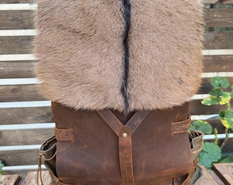 Carry your beautiful memories | Leather Backpack | Leather - Waxed Canvas with Goat Fur | Best hiking backpack | 30,40,50 Litres