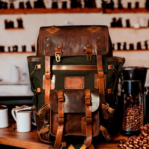 Laptop Backpack suitable for 2 Laptop, 2 compartments leather and waxed canvas backpack