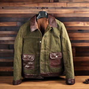 Leather Waxed Canvas Jacket | Biker Jacket | Handmade Jacket  | Tailored to Your Size | Brown | Green |  Leather Jacket | Canvas Jacket |