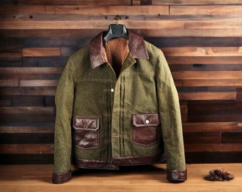 Leather Waxed Canvas Jacket | Biker Jacket | Handmade Jacket  | Tailored to Your Size | Brown | Green |  Leather Jacket | Canvas Jacket |