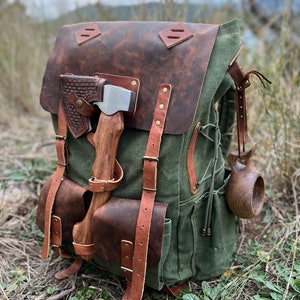 50L | Camping Backpack | Bushcraft Backpack | Brown - Green | Handmade Leather-Canvas | Rucksack |  Camping, Bushcraft | Personalization