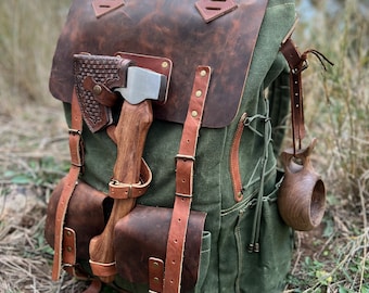 50L | Camping Backpack | Bushcraft Backpack | Brown - Green | Handmade Leather-Canvas | Rucksack |  Camping, Bushcraft | Personalization