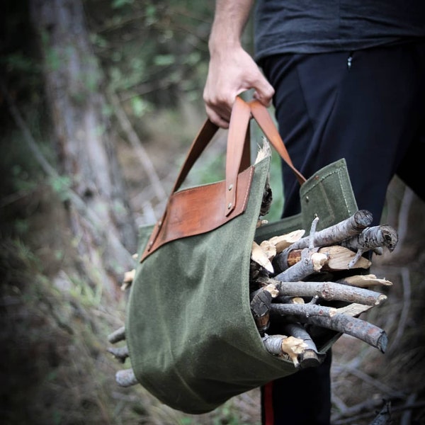 HandMade Leather Waterproof Waxed Canvas Firewood Carrier/Gathering bag/Harvest bag/Log Carrier/Gardening carrier/Gift For Dad/ Gift For him
