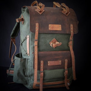 Bushcraft Handmade Green Wax Canvas and Genuine Leather Backpack for Travel, Camping, Fishing | 50 Liters | Personalization for your request