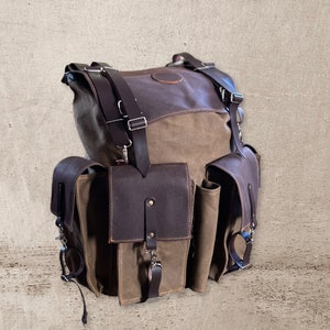 Zaino in pelle fatto a mano e tela cerata per borsa da viaggio, borsa da campeggio, borsa militare / da 37 a 40 litri / personalizzazione per la tua richiesta