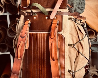 200USD Discount | Bushcraft Design Finalist | Handmade Leather and Canvas Backpack for Travel, Camping,Military | 45 Liter | Personalization