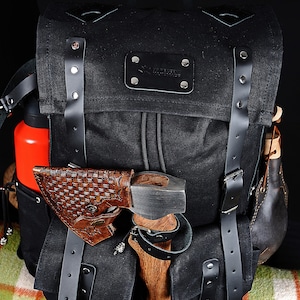 Bushcraft Backpack | Camping Backpack | Black-Brown-Black-White  | Waxed Canvas with Leather Details  | 50 L | Personalization