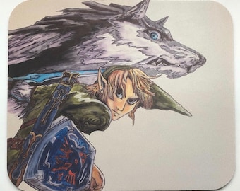 May include: A black and white illustration of Link from The Legend of Zelda video game series, riding a wolf. Link is wearing green clothing and holding a sword. The wolf has blue eyes and a fierce expression.