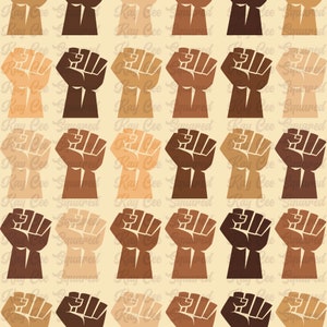 May include: A seamless pattern of raised fists in various skin tones, symbolizing unity and strength. The fists are all in the same pose, with the index finger and thumb extended.