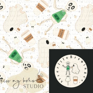 Afterlife Brewing Company Seamless File, Halloween Digital Design, Spooky Shirt Design, Ghost Coffee Repeating Pattern, Boorista Design