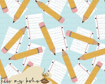 May include: A repeating pattern of yellow pencils and lined notebook paper on a light blue background. The pencils have pink erasers and black tips. The notebook paper has red margin lines and blue horizontal lines. The text "kiss my boho STUDIO" is in the lower left corner.